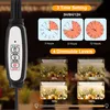 A marketing image showing features of a plant grow light, including timer settings and dimmable levels. Produktbild-Vorschau