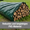 A pile of logs covered by a green tarp, with text overlay. Voir les images du produit