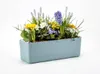 A rectangular blue planter filled with various spring flowers, including yellow primroses, white daffodils, blue muscari, and purple hyacinths, set against a plain white background. Náhled obrázku produktu