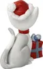 A ceramic cat figurine wearing a Santa hat and scarf, holding a gift. Produktbild-Vorschau