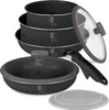 A set of cookware, including pots and a pan, stacked and arranged with a lid and a handle. Produktbild-Vorschau