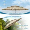A multi-tiered patio umbrella is shown with diagrams and text highlighting its features, followed by a second image of the umbrella in an outdoor setting with more feature callouts. Anteprima dell’immagine prodotto