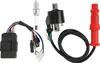 A set of motorcycle ignition system components, including a spark plug, CDI box, and ignition coil with a spark plug cap. Podgląd zdjęcia produktu