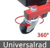 A close-up of a red metal frame with a black wheel and a red arrow indicating 360-degree rotation. Text below reads 'Universalrad'. Náhľad obrázku produktu