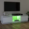 A white TV stand with LED lighting, a TV, and a media player. Produktbild-Vorschau