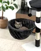 A cat is resting in a black hammock attached to a cat tree, with a plant and furniture in the background. Produktbild-Vorschau