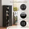 A black storage cabinet with its doors open, showcasing its interior shelves and compartments. The image also features close-up shots of the cabinet's hardware and a decorative mirror. Voir les images du produit
