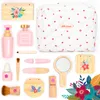 A collection of wooden toy makeup items arranged on a white background, including a makeup bag, perfume bottle, lotion dispenser, brushes, and other accessories. Náhled obrázku produktu