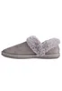 A single gray slipper with faux fur trim is shown from the side against a white background. Produktbild-Vorschau