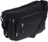 A black nylon shoulder bag with multiple zippered compartments is shown against a white background. Produktbild-Vorschau