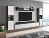 A modern living room with a wall-mounted entertainment unit, TV, and shelving. Náhľad obrázku produktu