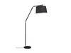 A modern arc floor lamp with a black fabric shade and gold accents, presented against a white background. Náhled obrázku produktu