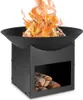 A black metal fire pit with a fire burning inside and logs stored in the base. Produktbild-Vorschau
