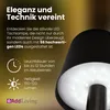 A close-up of a black LED table lamp with its light on, next to descriptive text and icons. Anteprima dell’immagine prodotto