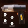 A black and orange handheld vacuum cleaner with informational graphics and text overlays. Produktbild-Vorschau
