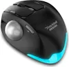 A black trackball mouse with blue LED lighting at the base, shown from a diagonal angle against a white background. Produktbild-Vorschau