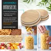 A collage showcasing bamboo lids for storage jars, along with images of various food items and a person filling a jar with pasta. Náhled obrázku produktu