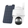 A white Reolink security camera and a solar panel are shown against a white background. Produktbild-Vorschau
