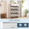 A white shoe cabinet with multiple flip-out drawers and two drawers on top, shown in a room setting with a window and plants. A smaller inset image shows the interior of one of the flip-out drawers. Produktbild-Vorschau