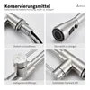 A collage of four close-up images of a kitchen faucet, highlighting its features and materials. Produktbild-Vorschau