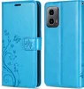 A blue flip phone case with a floral and butterfly design is shown from two angles. Produktbild-Vorschau