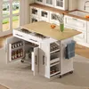 A kitchen island with a wooden countertop and white cabinets, filled with various kitchen items.