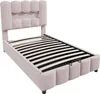 A pink upholstered bed frame without a mattress. Produktbild-Vorschau
