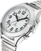 Close-up of a silver and white talking radio-controlled watch with a metal expansion band. Podgląd zdjęcia produktu