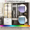 A modern wardrobe or display cabinet with glass doors, showcasing handbags and clothing, with inset circles highlighting LED lighting effects. Anteprima dell’immagine prodotto