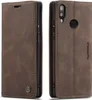 A brown leather-look phone case is shown from two angles, open and closed. Produktbild-Vorschau