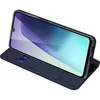 A dark blue flip case for a smartphone is shown with the phone screen displaying a gradient of purple and green. Produktbild-Vorschau