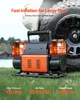 A portable air compressor is shown in front of a large tire and vehicle, with text highlighting its features. Podgląd zdjęcia produktu