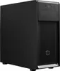 A black computer tower case is shown from a three-quarter angle against a light gray background. Produktbild-Vorschau