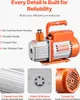 A vacuum pump with callouts highlighting its features, accompanied by close-up shots of specific components. Voir les images du produit