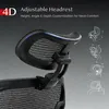 Close-up of an adjustable headrest on a black mesh office chair, with diagrams illustrating its adjustment capabilities. Produktbild-Vorschau