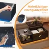 A collage showing a coffee table with various features, including a lift-top, storage, and LED lighting, along with close-ups demonstrating protective film and ease of cleaning. Produktbild-Vorschau