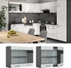 A modern kitchen with white high-gloss cabinets and a dark marble backsplash, and two separate images of wall cabinets. Náhľad obrázku produktu