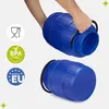 Two views of a blue plastic barrel with handles, one being held by a person. Produktbild-Vorschau