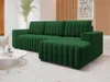 A green sectional sofa is shown in a well-lit room with a white marble floor and wooden slatted wall. Náhľad obrázku produktu