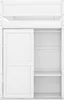 A white loft bed with a sliding closet door and shelves. Voir les images du produit