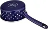 The underside of a blue and white polka dot saucepan with a long handle. Produktbild-Vorschau