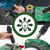 A collage of images showing a hot air soldering station being used to repair electronic circuit boards, along with a spool of solder and a central graphic representing ideas or innovation. Produktbild-Vorschau