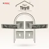 A marketing image showcasing a pair of door handles with decorative inserts, presented against a patterned background with graphic elements. Produktbild-Vorschau