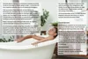 A woman relaxing in a bathtub with text boxes providing product information. Produktbild-Vorschau