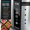 A close-up of a toaster's touch panel and control interface, with a list of functions and icons. Voir les images du produit