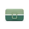 A green and white lunchbox with a clasp in the center, shown against a white background. Produktbild-Vorschau