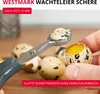 A hand is using a pair of scissors to cut open a quail egg, with other quail eggs in the background. Produktbild-Vorschau