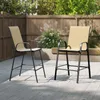 Two outdoor bar stools are placed on a wooden deck in a backyard setting. Podgląd zdjęcia produktu