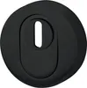 A black, round escutcheon plate with a keyhole slot. Produktbild-Vorschau