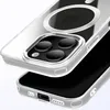 A close-up shot of a clear phone case with a silver accent, designed for an iPhone 13 Pro Max, showing the camera module area and the MagSafe ring. Produktbild-Vorschau